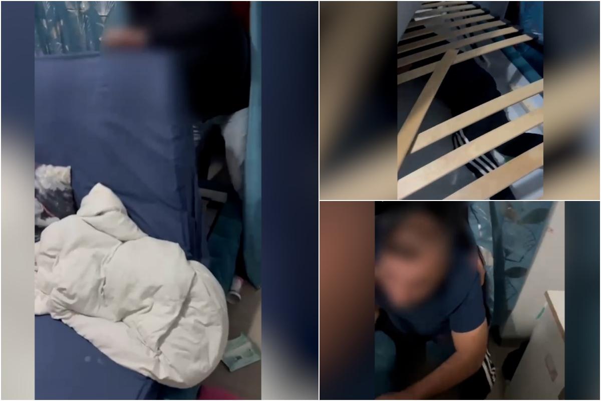Fugar căutat internaţional, filmat în timp ce e descoperit în lada unui pat din Capitală. Bărbatul comisese peste 90 de furtuni