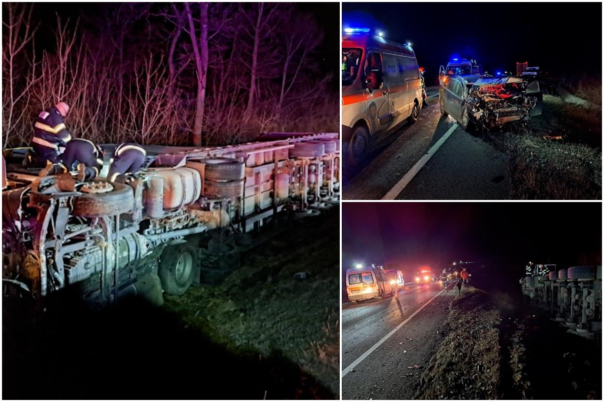 TIR răsturnat înafara şoselei, după un accident cumplit cu o maşină şi o autoutilitară, în Cluj. Unul dintre şoferi a ajuns la spital