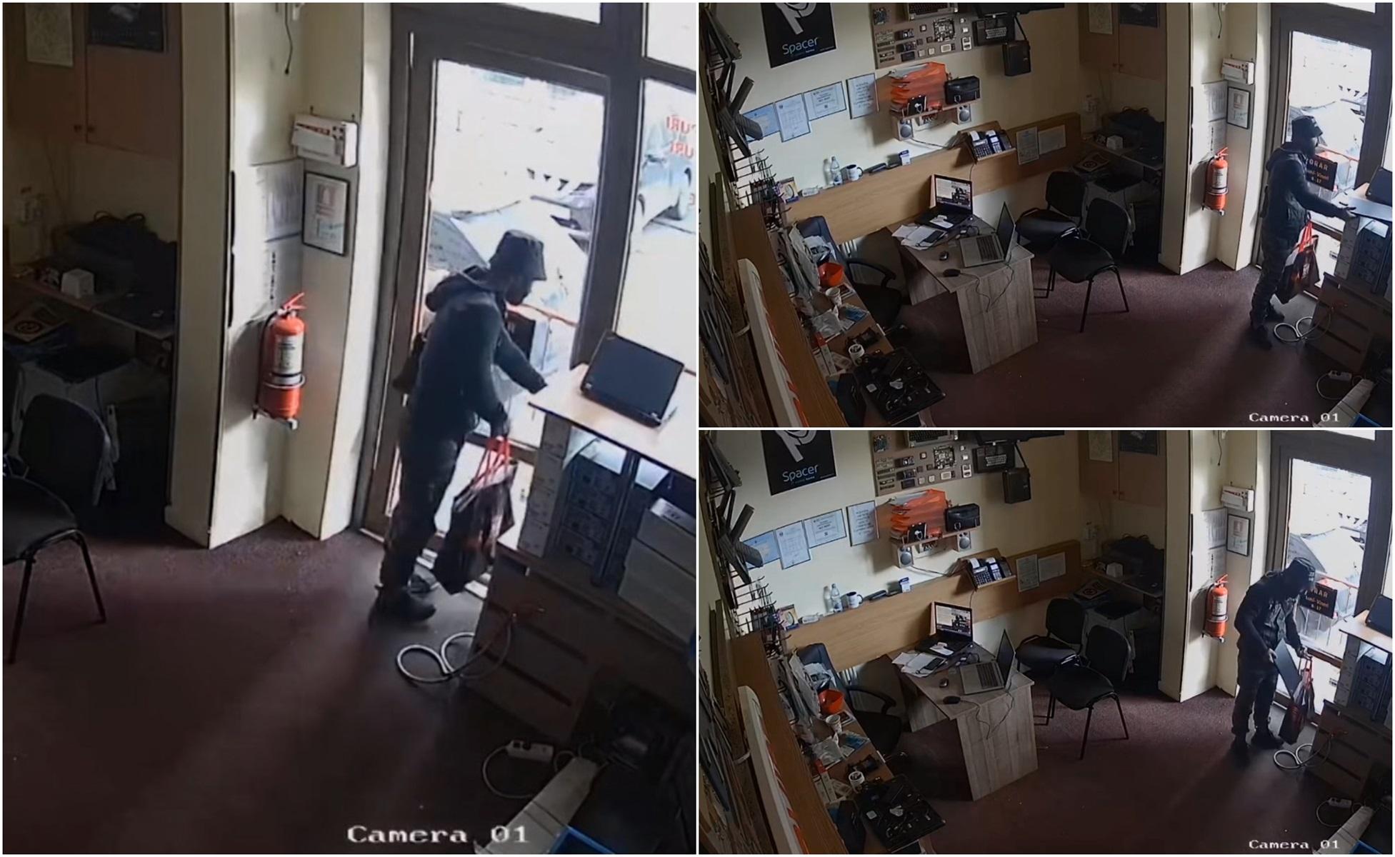 Bărbat din Hunedoara, surprins de camere cum fură un laptop dintr-un magazin de calculatoare. Proprietarul nu a depus plângere, iar hoțul e de negăsit