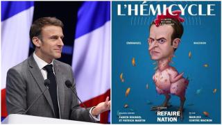 Emmanuel Macron, editat grafic ca un cocoș fără pene într-o revistă pro-rusă. Scandal și plângeri penale în Franța