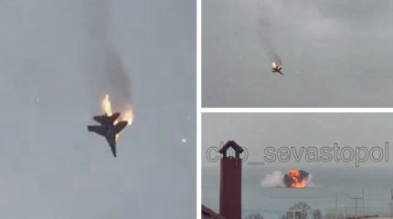 Momentul în care un SU-27 e doborât şi se prăbuşeşte, în flăcări, în Marea Neagră. Ruşii spun că nu ştiu ce a provocat incidentul, iar pilotul a supravieţuit