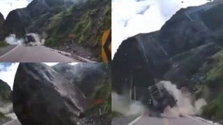 Momentul înfricoșător în care un camion este aruncat de pe șosea precum popicele de un bolovan uriaș, în Peru. Șoferul a supraviețuit miraculos