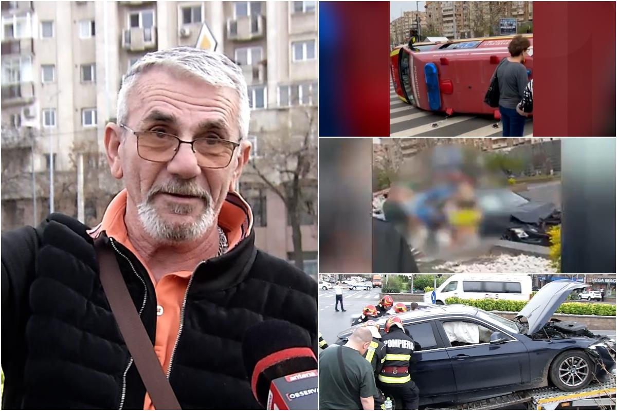 "Cădea ambulanţa peste el". Un şofer nu a ţinut cont de semafor şi a răsturnat o salvare în Bucureşti. Martorii au sărit să scoată răniţii din maşini