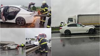 Şoferul unui BMW, accident de groază pe autostrada A1. S-a înfipt cu maşina în parapetul median, glisiera a ieşit prin portbagaj