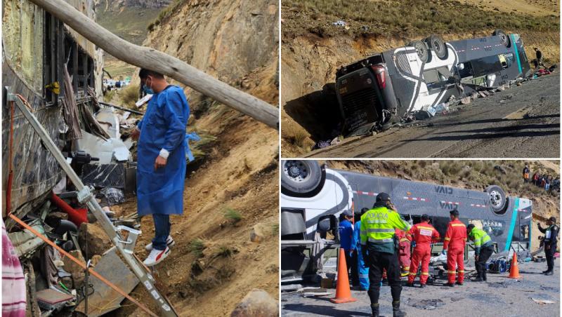 16 morţi şi mai mulţi răniţi, după ce un autobuz care transporta 40 de pasageri a plonjat o sută de metri într-o prăpastie. Accident înfiorător în Peru