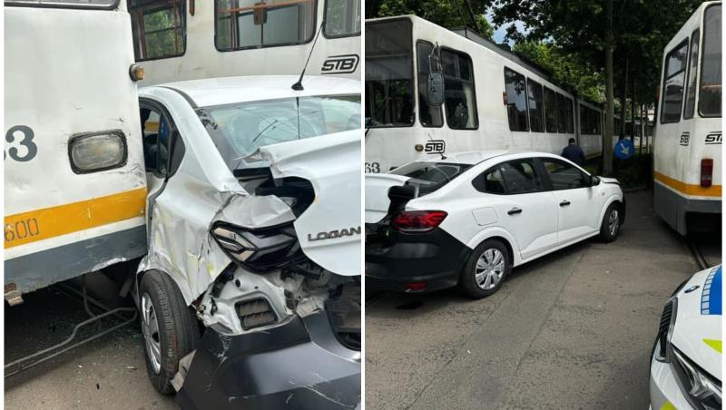 Accident pe bd. 1 Decembrie din Capitală. O maşină a lovit tramvaiul 19 şi a fost proiectată pe linia tramvaiului 40. Trafic restricţionat