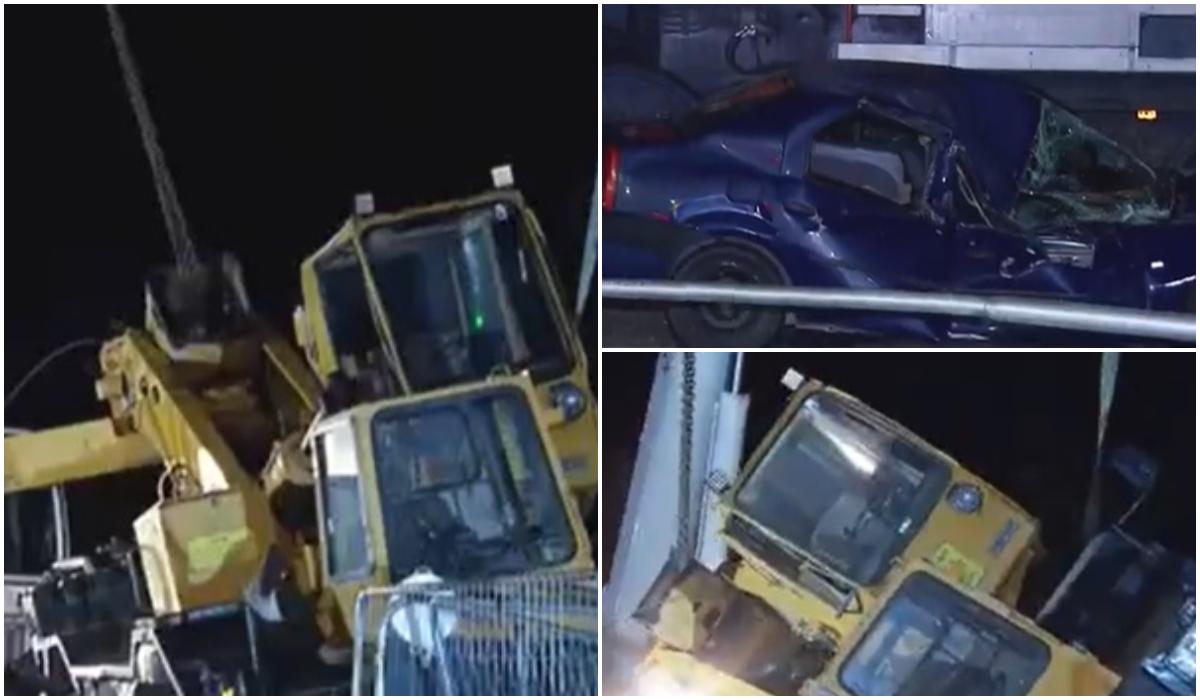 Momente de groază pe un şantier din Capitală. O macara încărcată cu un container s-a răsturnat peste o maşină parcată
