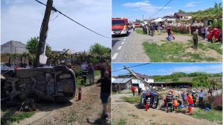 Accident de groază cu 5 răniți, printre care un copil de 8 ani, în Suceava. Mașina în care se aflau a derapat, s-a răsturnat şi a rupt un stâlp din beton
