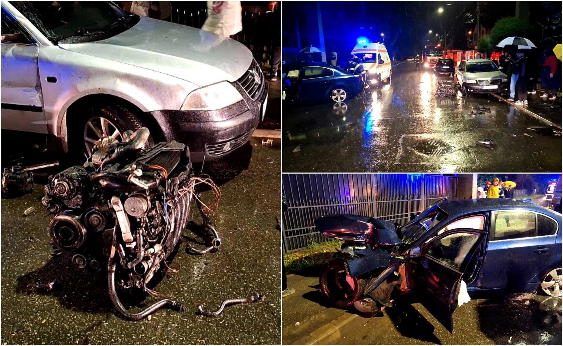 Beat la volan, a semănat dezastru în Severin. Motorul şi cutia de viteze au ricoşat în alte maşini, după ce șoferul s-a înfipt cu vehiculul în stâlp