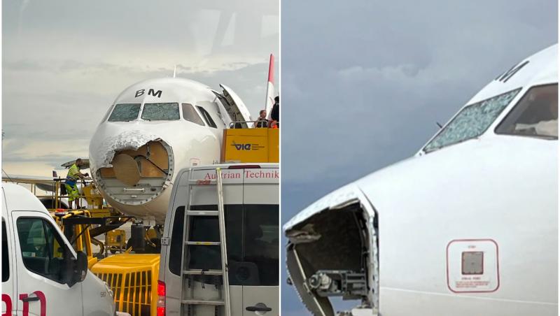 Botul unui avion Austrian Airlines, distrus de o furtună cu grindină puternică. Pasagerii au avut un şoc la coborâre