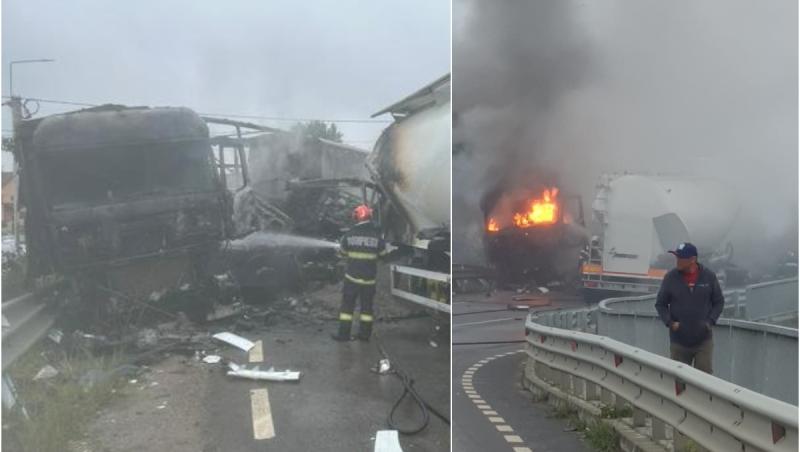 Impact cumplit între un camion şi o cisternă în Ceica. Ambele vehicule au ars ca o torţă, iar unul dintre şoferi a ajuns la spital