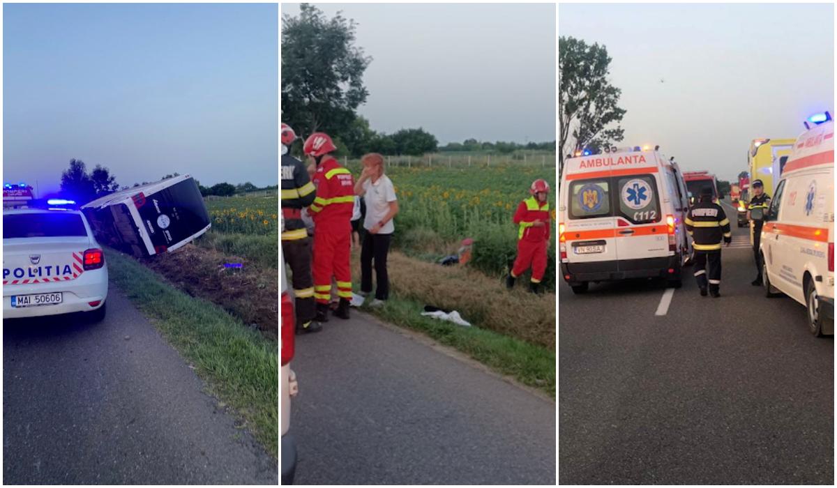 Filmul accidentului din Sibiu. Un TIR a derapat şi a intrat în plin în autocarul cu zeci de persoane la bord. Pasagerii mergeau la muncă în Germania