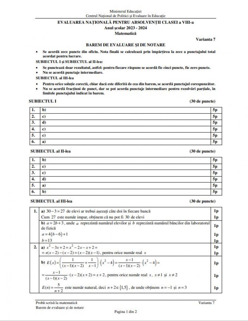 Barem Evaluare Naţională 2024 - matematică Barem Evaluare Naţională 2024 - matematică