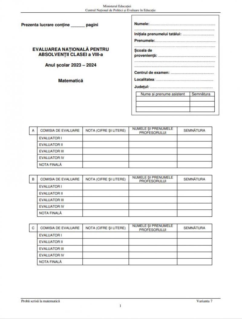 Subiecte Evaluare Naţională 2024 - matematică Subiecte Evaluare Naţională 2024 - matematică