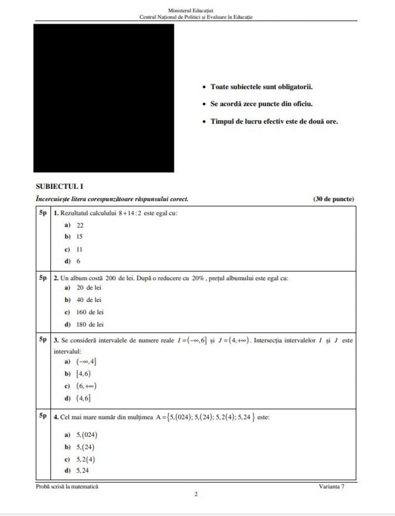 Subiecte Evaluare Naţională 2024 - matematică Subiecte Evaluare Naţională 2024 - matematică