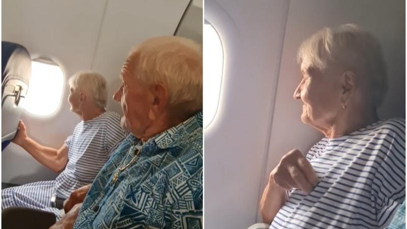 "Am urcat?" Reacţia a doi bunici când zboară prima dată cu avionul. Bătrânica şi-a făcut cruce şi nu şi-a putut dezlipi privirea de pe geam