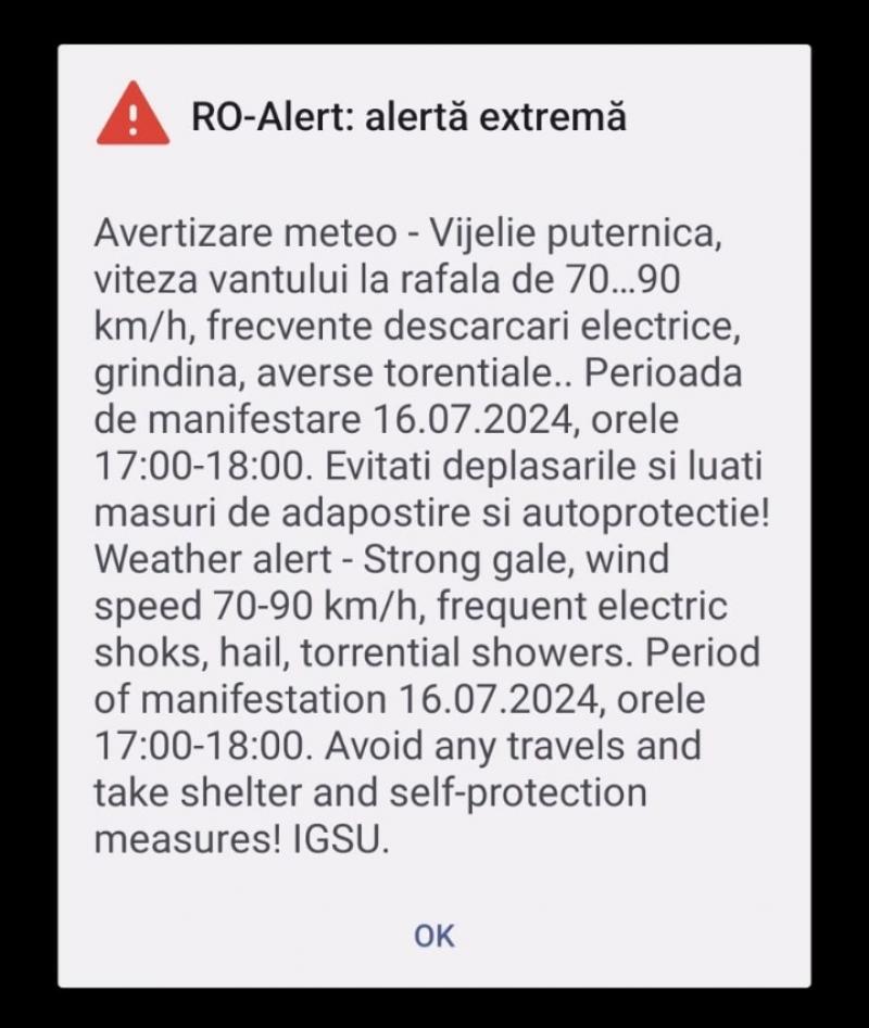 Capitala, sub cod portocaliu de vijelie puternică, averse torenţiale şi grindină. Mesaj RO-ALERT de avertizare a populaţiei