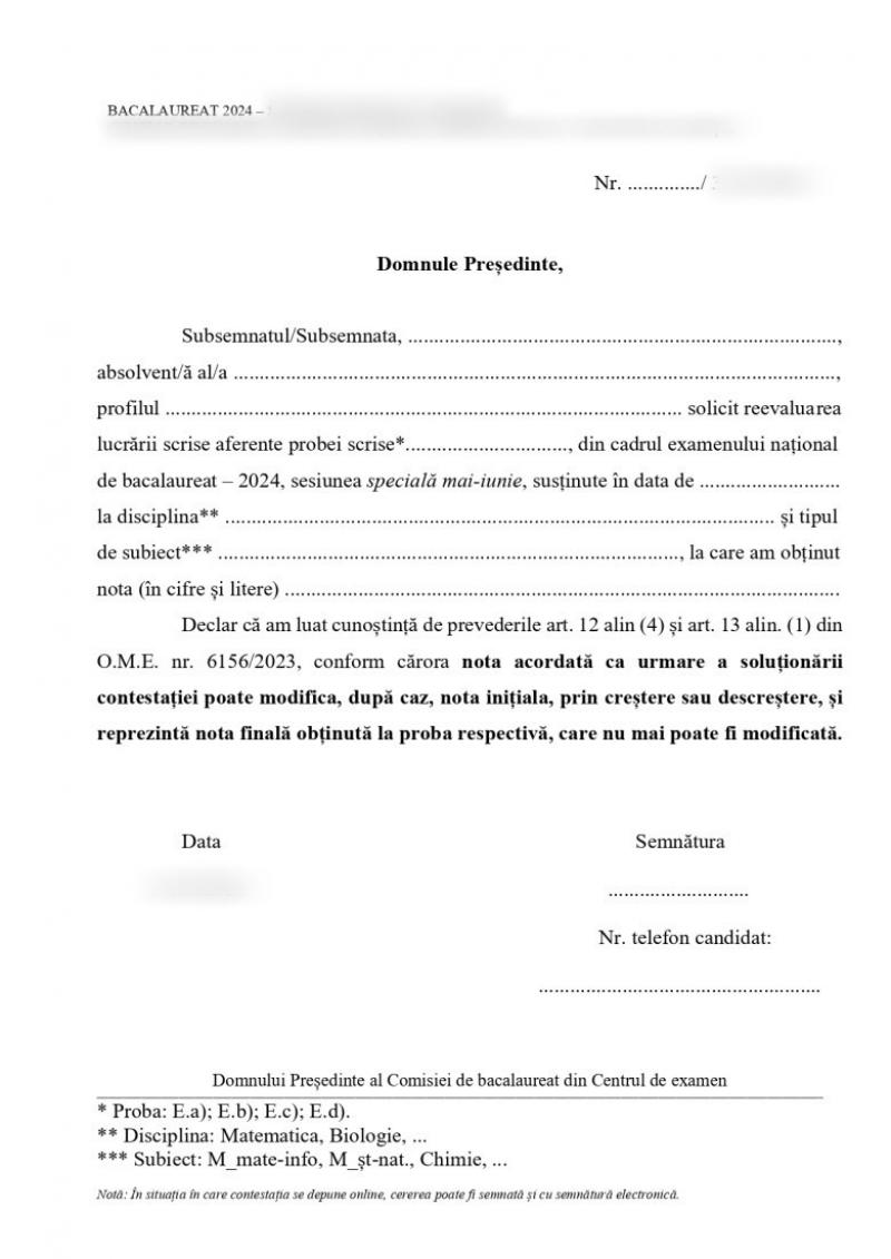 Model de cerere contestaţie BAC
