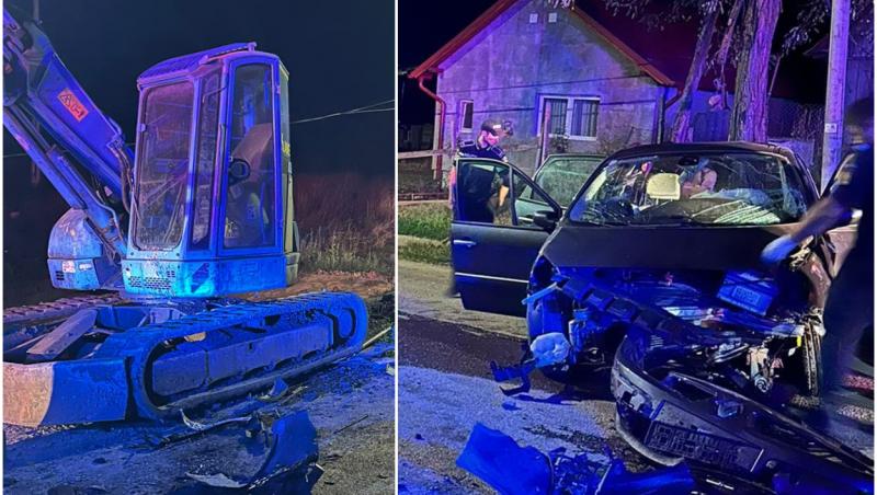 Femeie moartă pe un drum din Cluj, după ce mașina în care se afla a intrat cu viteză într-un buldoexacavator parcat