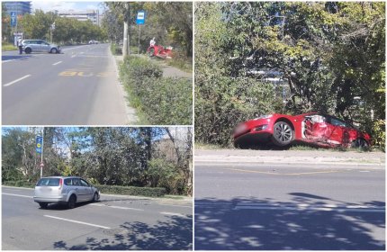 Accident pe Calea Floreasca, în Capitală. Impact puternic între o Tesla şi un Ford. Două persoane au ajuns la spital