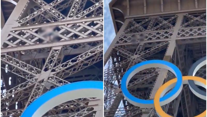 Momentul în care un bărbat escaladează Turnul Eiffel. Monumentul, evacuat cu câteva ore înainte de ceremonia de închidere a JO 2024