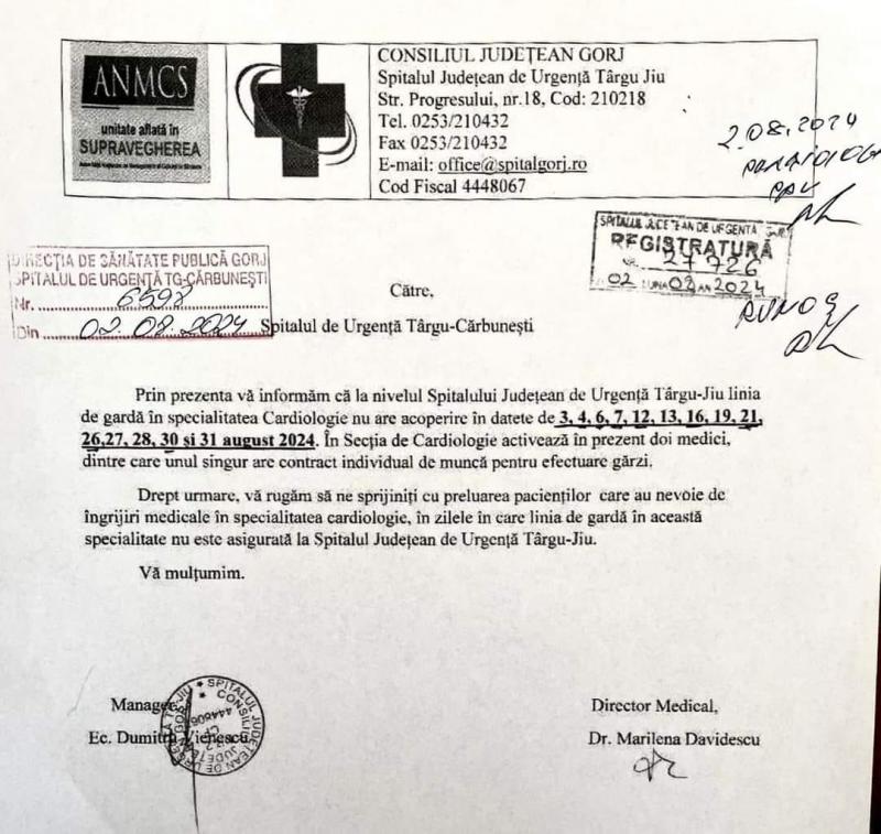 Spitalul de Urgenţă din Târgu Jiu mai are în acest moment un singur medic cardiolog de gardă