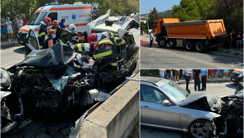 Mai mulţi răniţi, după un accident grav între o basculantă şi două vehicule, în Orşova. Una dintre maşini a devenit morman de fier