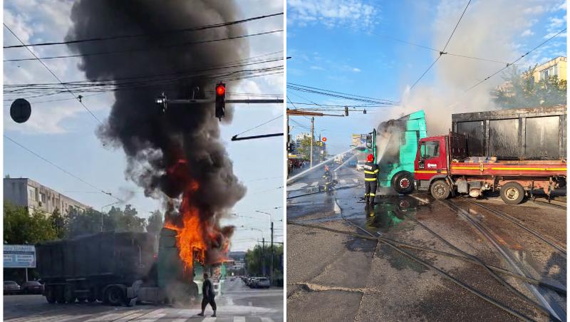 Momentul în care un TIR şi două maşini se ciocnesc într-o intersecţie din Iaşi. Camionul a luat foc