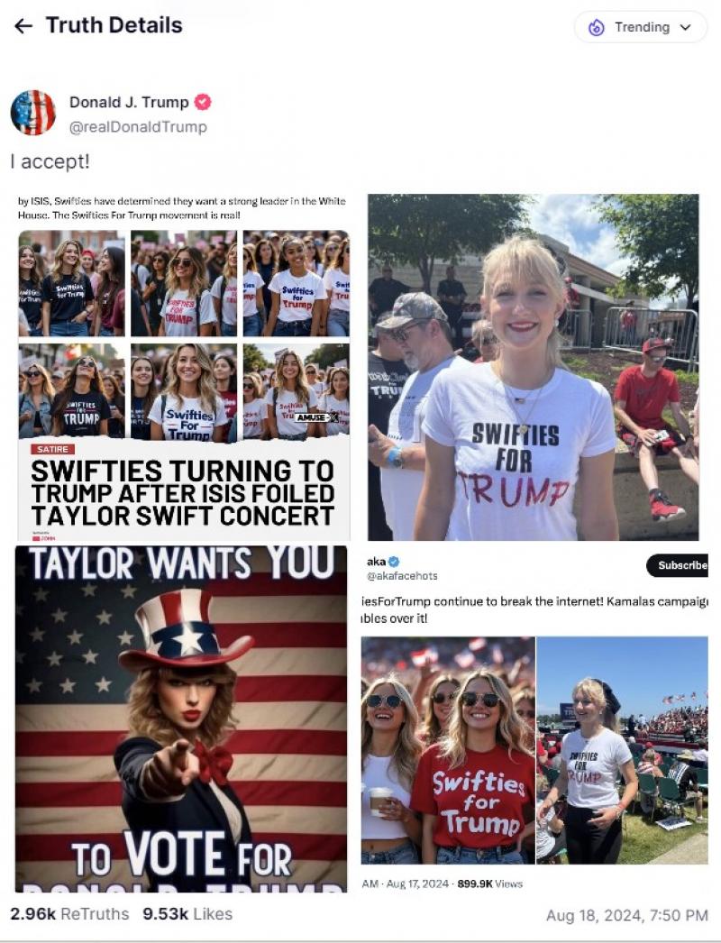Trump folosește meme-uri generate cu AI ca armă electorală: Kamala Harris în rol de lider sovietic şi Taylor Swift, suporter republican. Care e pericolul