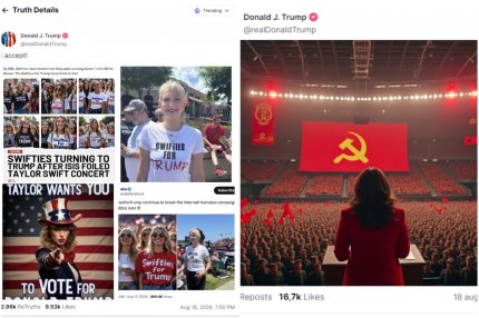 Trump folosește meme-uri generate cu AI ca armă electorală: Kamala Harris în rol de lider sovietic şi Taylor Swift, suporter republican. Care e pericolul