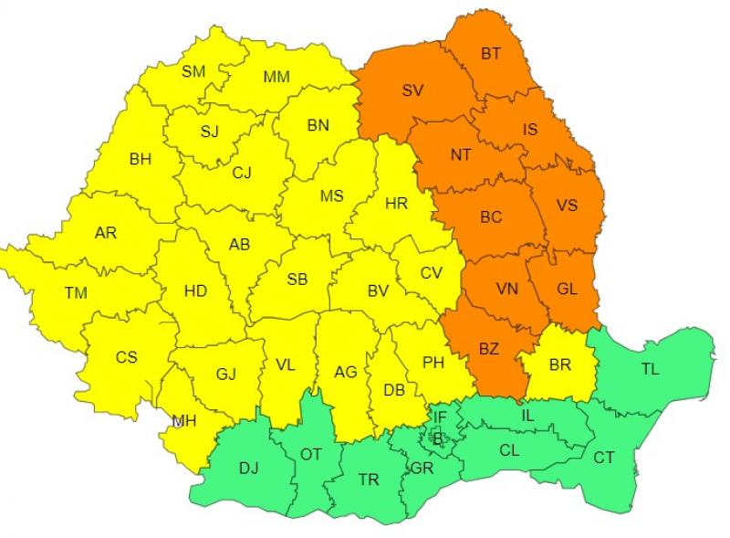 Harta județelor afectate de codurile galben și portocaliu de vreme severă