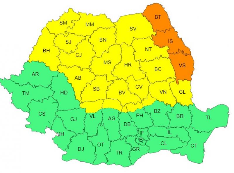 Cod portocaliu de averse torențiale în trei județe din estul țării