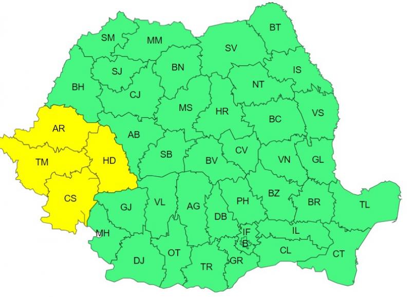 Harta județelor afectate de codul galben de vreme severă