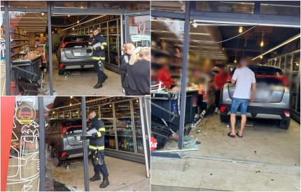 O femeie de 58 de ani a intrat cu mașina prin peretele unui magazin din Olt. Un bărbat de 68 de ani, care se afla în supermarket, a fost rănit