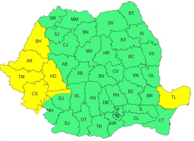 Harta județelor afectate de codul galben de vreme severă Harta județelor afectate de codul galben de vreme severă