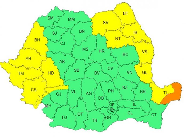 Harta județelor afectate de codurile galben și portocaliu de vreme severă Harta județelor afectate de codurile galben și portocaliu de vreme severă