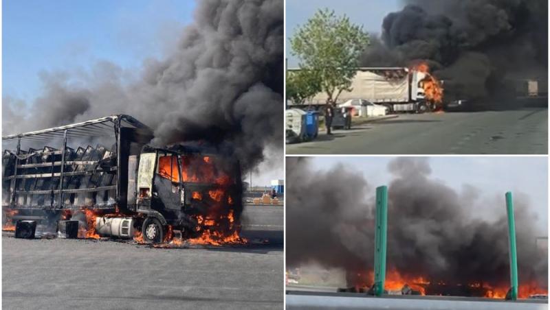 TIR în flăcări pe autostradă, în Vama Nădlac. Camionul a luat foc în parcarea punctului de trecere a frontierei