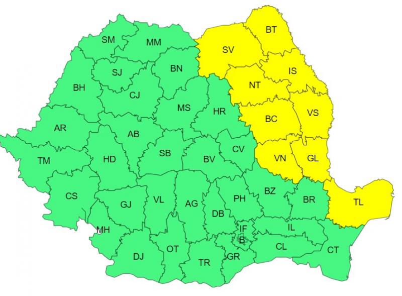 Harta județelor afectate de codul galben de vreme severă Harta județelor afectate de codul galben de vreme severă