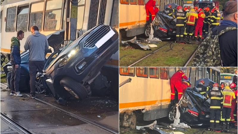 Accident grav pe Şoseaua Progresului, în Capitală. Maşină strivită de tramvai şi ruptă în două: şoferul a murit