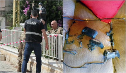 În imagine sunt resturile unui dispozitiv walkie-talkie explodat cu logo-ul Icom, pe o canapea din interiorul unei case din Baalbek, un bastion Hezbollah din estul Libanului, pe 18 septembrie 2024