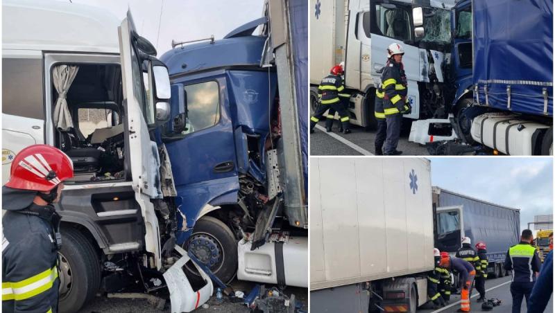 Coliziune frontală între două TIR-uri, pe autostrada A1. Trei persoane, între care un minor, au fost transportate la spital