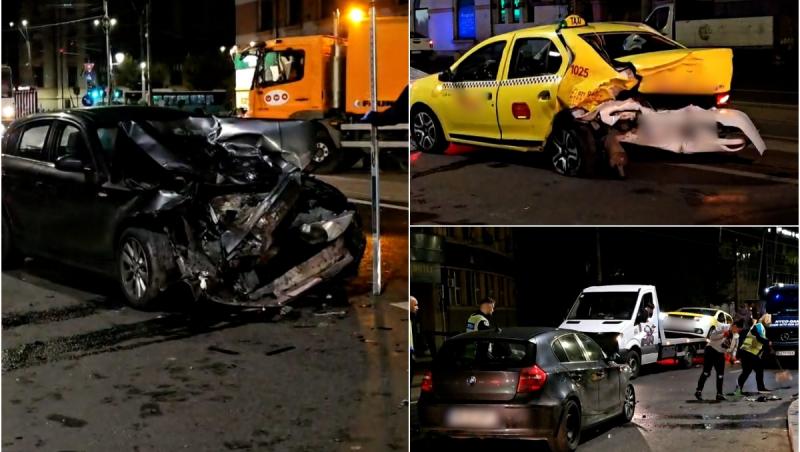 Taxi acroşat de un vehicul, într-o intersecţie din zona Tineretului din Capitală. O persoană, transportată la spital