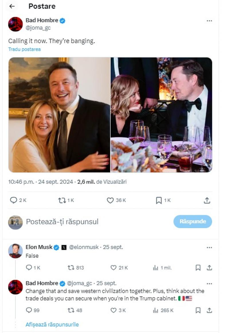 Zvonuri că Elon Musk are o relaţie romantică cu Giorgia Meloni. Miliardarul a negat Zvonuri că Elon Musk are o relaţie romantică cu Giorgia Meloni. Miliardarul a negat