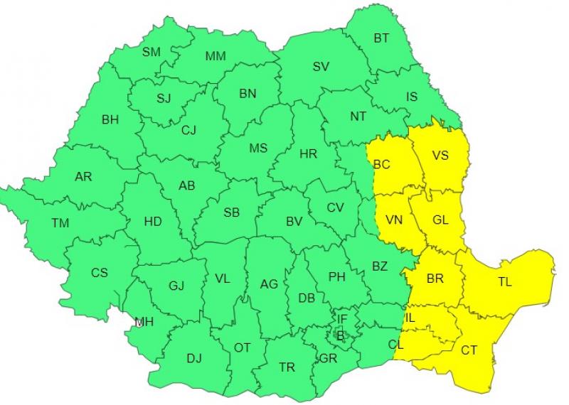 Harta județelor afectate de codul galben de vreme severă