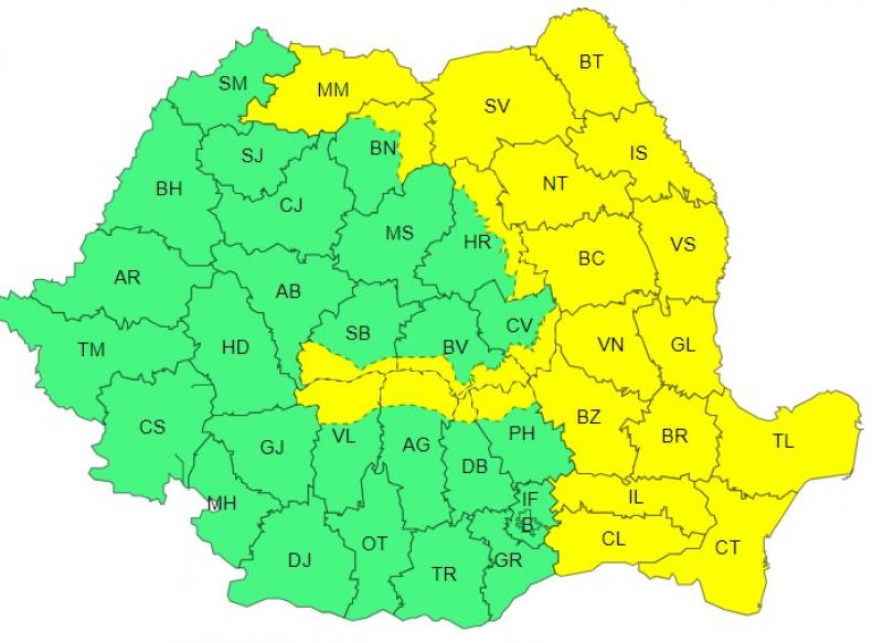 Harta județelor afectate de codul galben de vreme severă