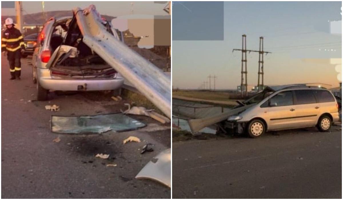 Un şofer a scăpat ca prin minune, după ce maşina a fost străpunsă de un parapet metalic. Tragedie evitată la milimetru în Argeş