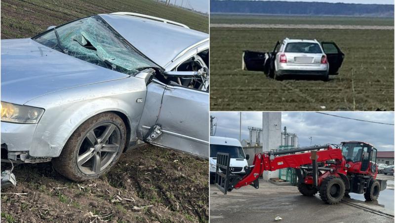 Doi morţi şi doi răniţi, după ce un tractor a acroşat o maşină, pe un drum judeţean din Olt. Vehiculul a ajuns pe un câmp