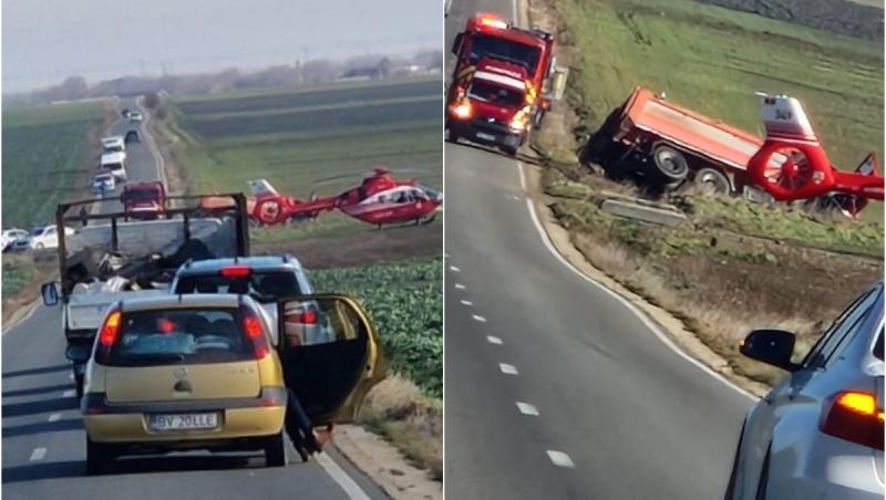 Camion încărcat cu pietriş, răsturnat pe marginea unei şosele din Constanţa. Şoferul a murit