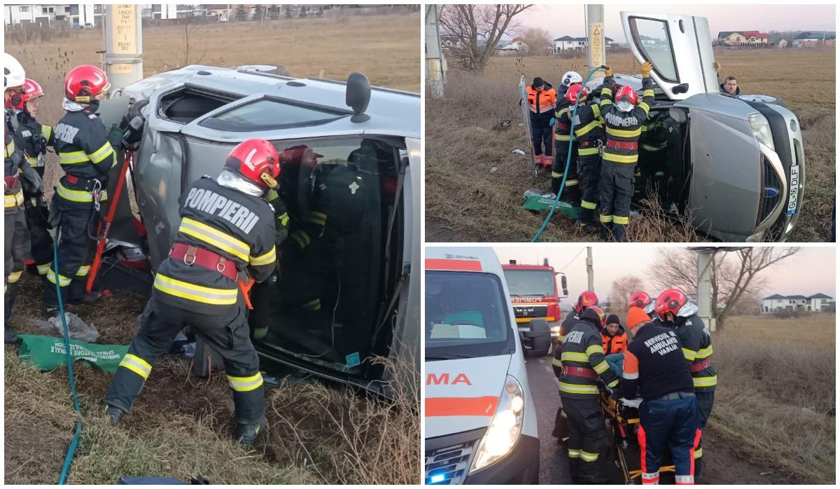 Pompierii încearcă să scoată victima încarcerată din accident