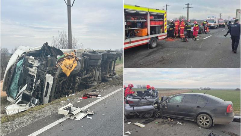 Trei morţi şi trei răniţi, în urma unui accident cumplit pe DN6, în Dolj. Două maşini şi un camion s-au făcut ţăndări